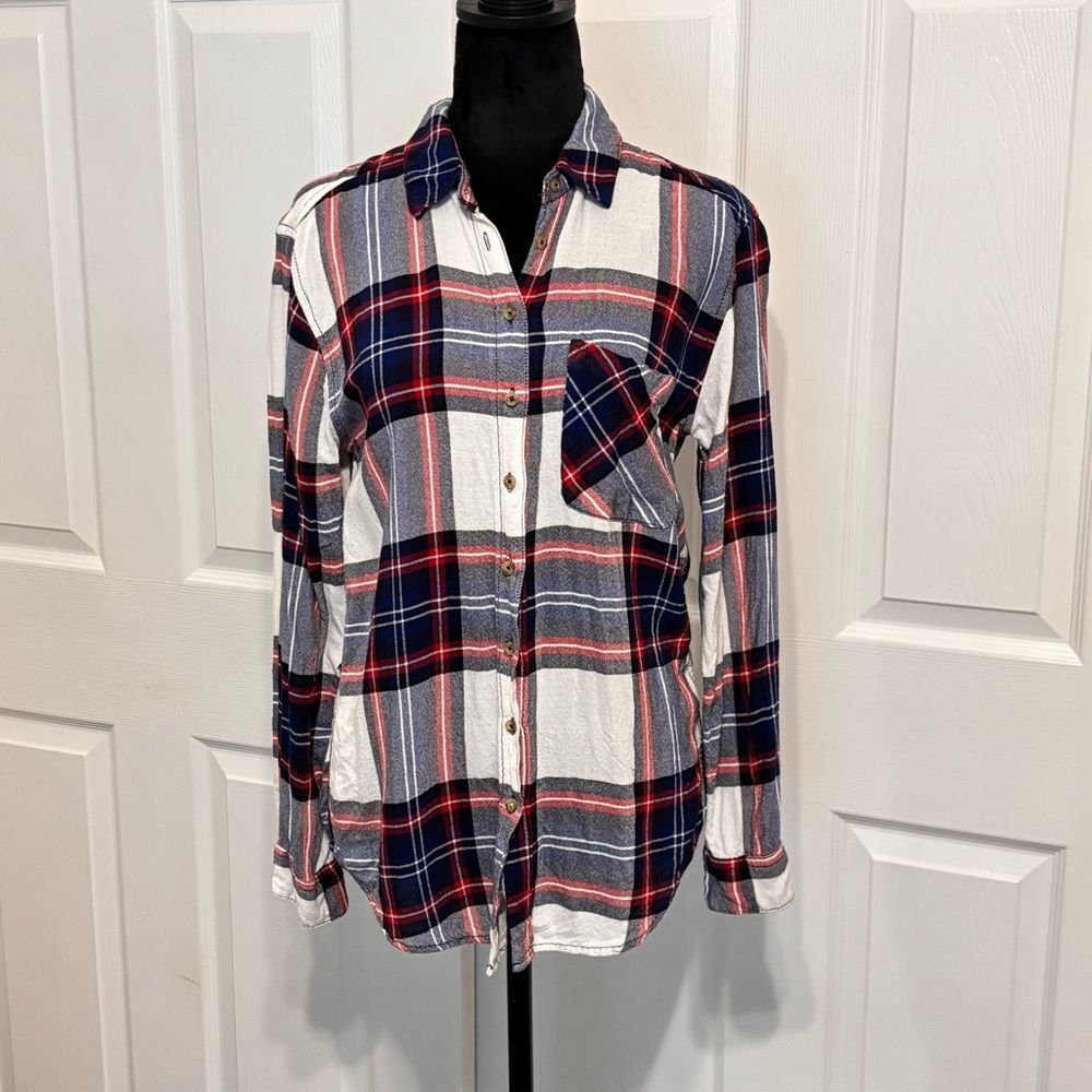 Garage Women’s SOFT Red Blue White Plaid Button Down Casual Shirt Size XS